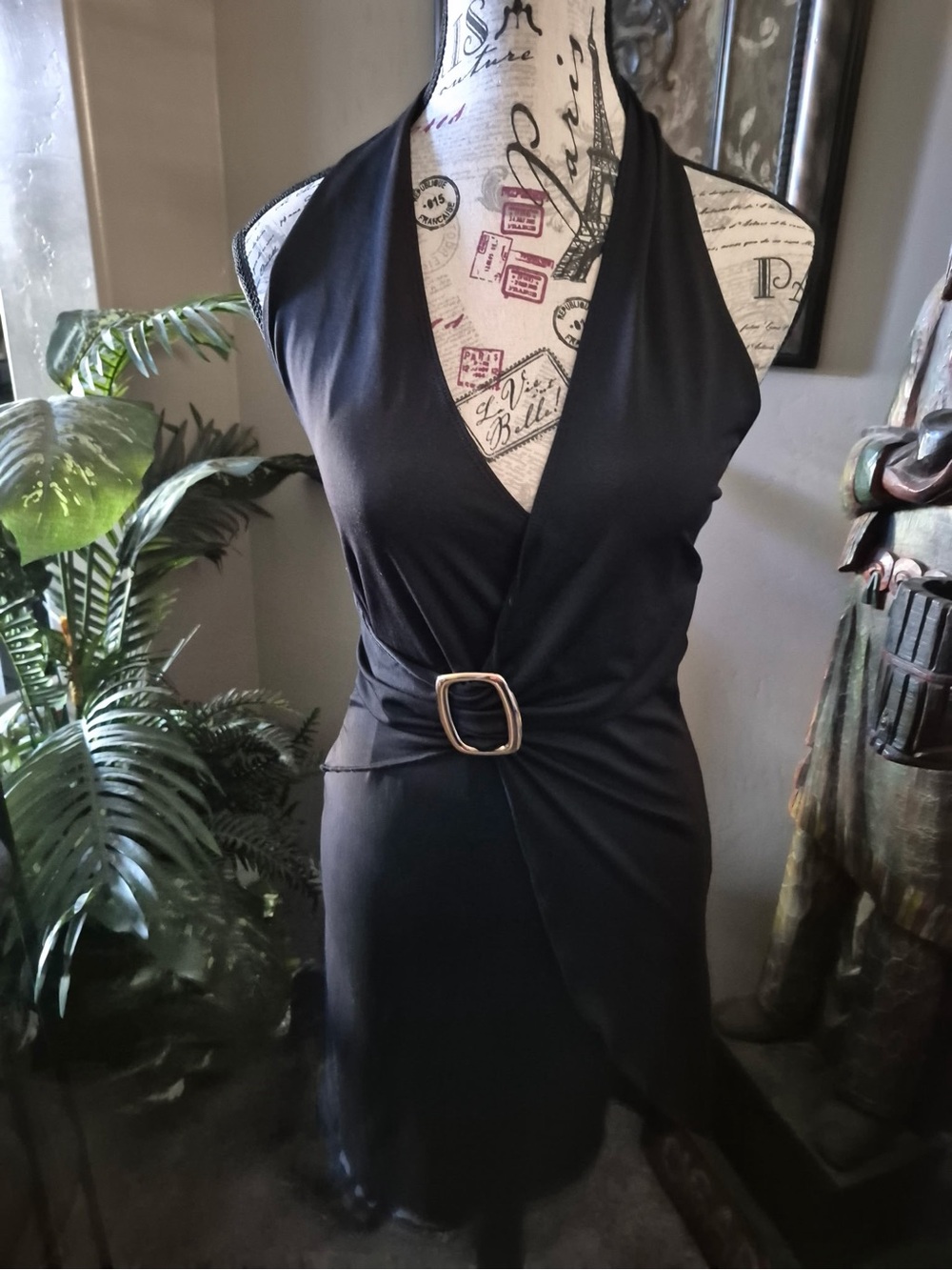 Princess Polly Black Halter Wrap Mini Dress with Gold Buckle Accent
